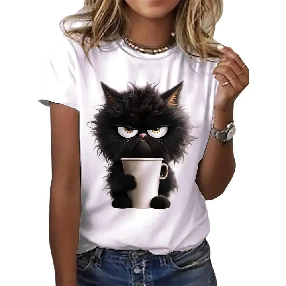 Casual graphic tee with grumpy black cat holding coffee mug on white shirt for women's clothing online UAE collection